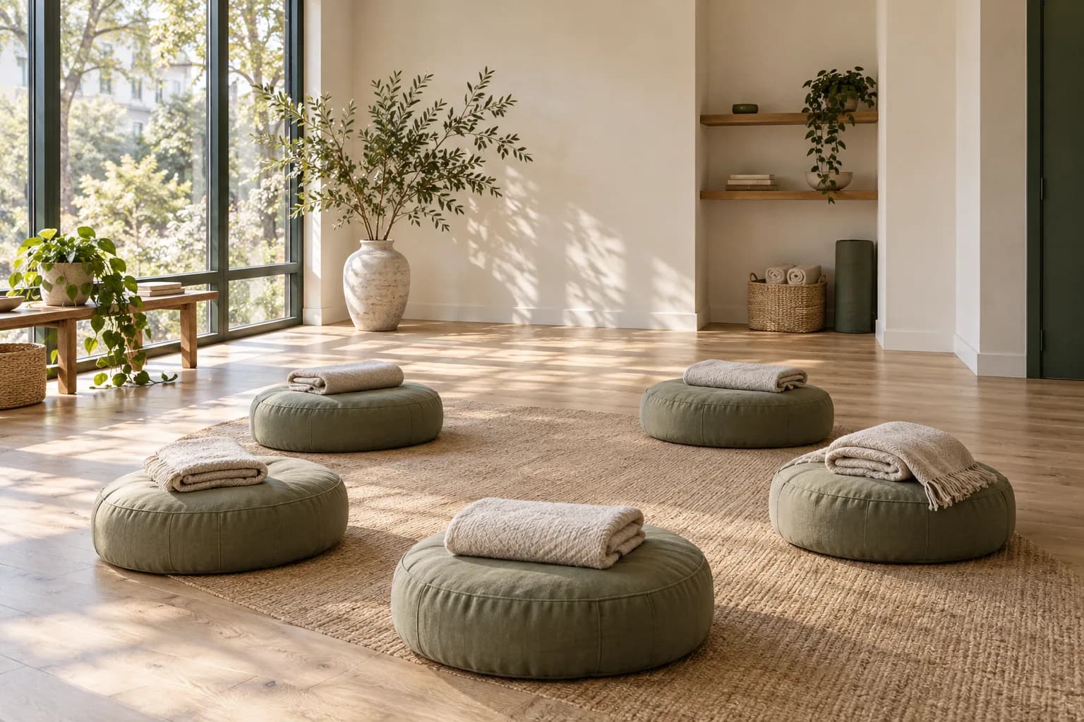 A bright studio prepared for a small group class